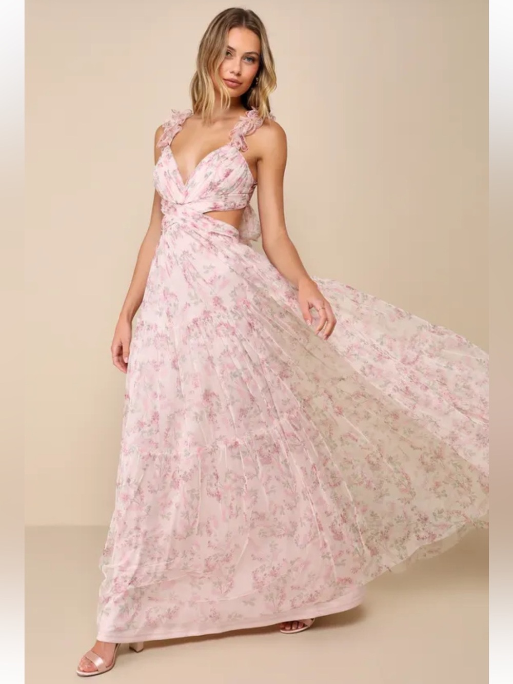 NWOT Lulu’s Ethereal Love Blush Floral Pleated Tiered Tie-Back Maxi Dress Sz: XL